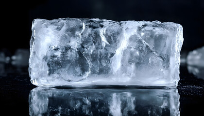 Obraz premium Crystal clear frosty textured natural ice block on a black mirroring surface