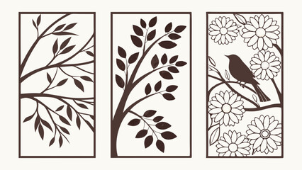 Set of three decorative nature panels with tree branches, leaves, a bird, and flowers. Modern laser cut design for home decor.