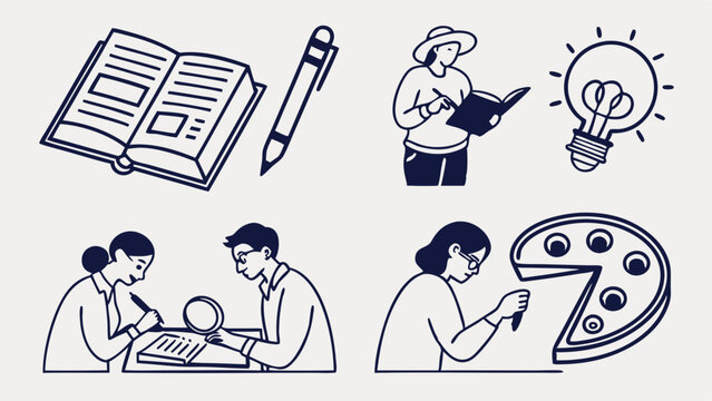 Education, business research, and learning concept icons. Study, data analysis, knowledge, idea generation illustration set.