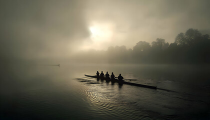 A men's rowing team in action during a misty morning on the river   -