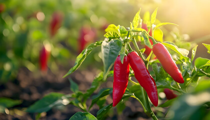 Red chili peppers growing in field. Fresh ripe chili harvest, organic farming. Spicy vegetable, food ingredient. Agriculture farm, summer season, healthy plant, nobody, vegetarian food