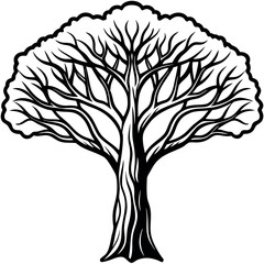 Obraz premium Large Banyan Tree Black and White Illustration Canopy Branches Trunk