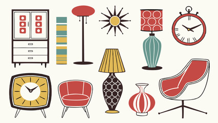 Mid-century modern furniture and home decor set. Retro vintage 1950s 1960s interior design elements.