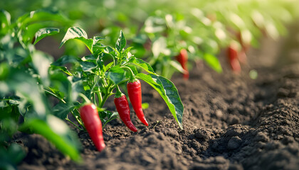 Red chili peppers growing in field. Fresh ripe chili harvest, organic farming. Spicy vegetable, food ingredient. Agriculture farm, summer season, healthy plant, nobody, vegetarian food