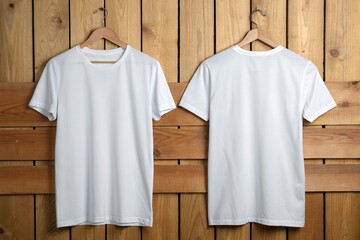 Plain White T-Shirt Displayed on Wood Surface – Front and Back Views for Clothing Branding or Merchandise