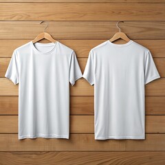Plain White T-Shirt Displayed on Wood Surface – Front and Back Views for Clothing Branding or Merchandise