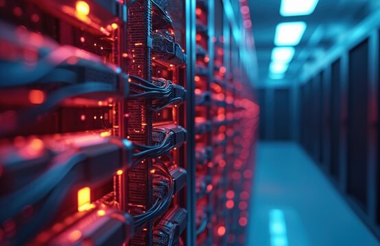 Server room with pink, orange neon lights. Glowing server racks, electronic equipment, cables closeup. Futuristic data center for cloud computing, cybersecurity. Innovation, high tech background. - Powered by Adobe
