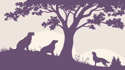 Dogs silhouette in nature landscape. Peaceful outdoor scene with pets on a hill under a tree at sunset.