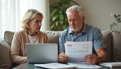 Upset elderly couple reviewing financial documents at home. Senior man, woman look at bills, laptop, discussing debt. Financial problems, bankruptcy, money issues subject of concern. Difficulties,