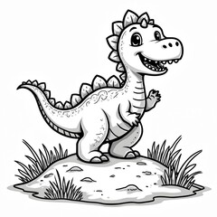 Fototapeta premium Adorable cartoon dinosaur coloring page. Happy dinosaur stands green grass on rock. Cheerful character smiling, looks playful, joyful. Outline drawing for kids to color, fun, creative. Prehistoric