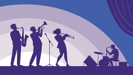 Live jazz band performance on stage. Silhouettes of musicians playing instruments at a music concert or entertainment event.