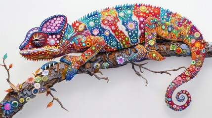 Fototapeta premium Colorful decorated chameleon on branch