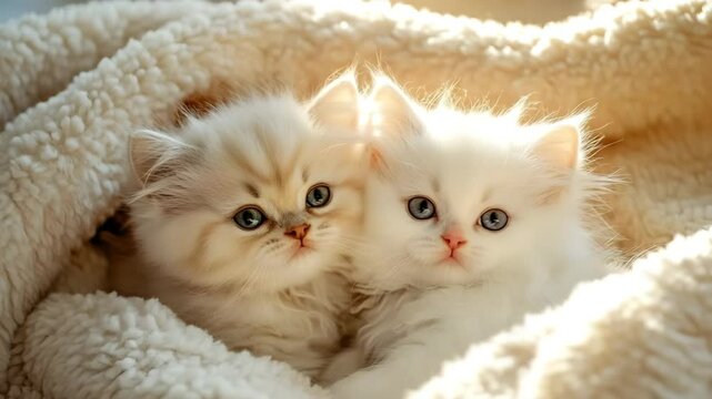 Two adorable kittens snuggling together in a cozy blanket during the morning light