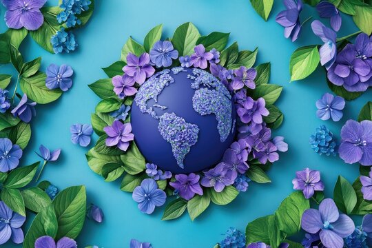Earth surrounded by flowers and leaves on a blue background