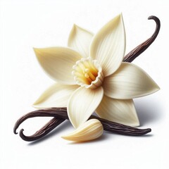Isolated vanilla orchid flower with creamy yellow tones, used in recipes, perfumes, and spa visuals.
