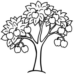 Black and White Apple Tree Trunk Sketch with Apple Clusters