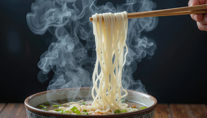 A hand holds chopsticks, lifting steaming noodles from a bowl filled with savory broth and colorful vegetables, creating an inviting culinary moment