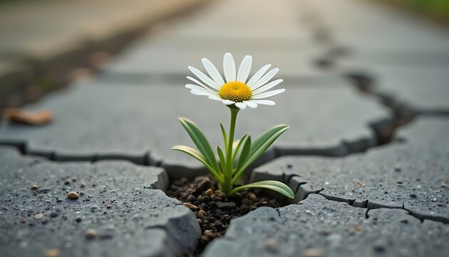 Resilient Daisy Emerging From Cracked Pavement. - Powered by Adobe