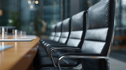 Empty conference room with leather chairs and glasses on a wooden table, ready for a meeting.
