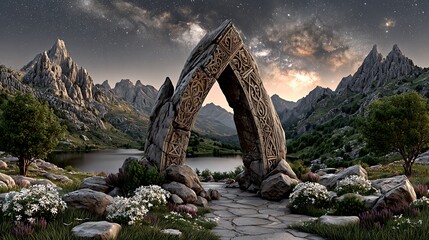 Fototapeta premium Mystical night garden beside serene lake, carved rock arches, illuminated floral paths, and stars above create a fairytale landscape of wonder high resolution image