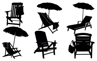 Vector art of a collection of beach chairs and umbrellas, isolated on white background, depicted in a stark black and white vector illustration