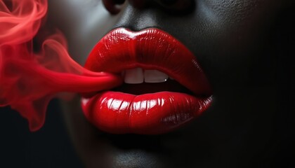 Close-up of woman red lips. Red lipstick shiny texture with red smoke on black background. Sensual fashion portrait, stylish makeup. Beauty, glamor, luxury concept.
