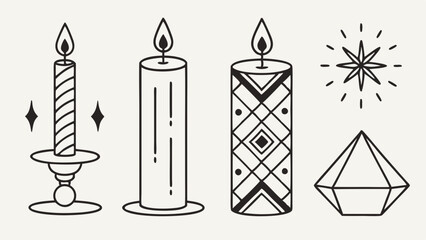 Lit Candles Star Diamond Line Art Vector Icons. Simple Minimalist Magic, Spiritual, Esoteric Illustration Set.
