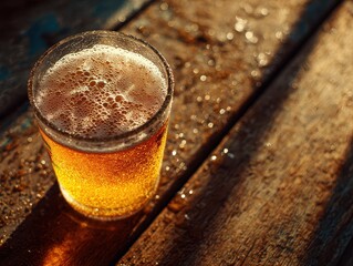 Refreshing cold beer in a glass with foam on wooden surface du warm weather outdoor setting