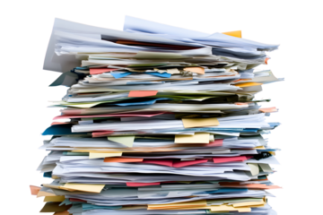 Overwhelmed by Paperwork: A Stack of Documents and Sticky Notes on Black Background