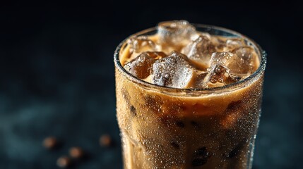 Refreshing cold iced coffee in tall glass with ice cubes and condensation for hot summer thirst quenching