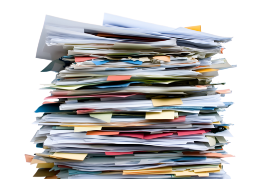 Overwhelmed by Paperwork: A Stack of Documents and Sticky Notes on Black Background