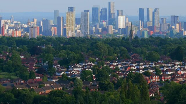 Aerial video of Manchester skyline filmed from Heaton Park 
