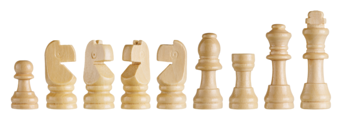 Closeup of a white wooden chess set including king, queen, bishop, knight, rook, and pawn on white backdrop. Perfect for strategy games, education, and intellectual design.