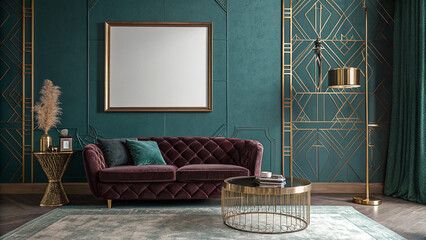 Elegant Teal Walls and Luxurious Velvet Sofa Transforming Your Living Room into a Chic Sanctuary with a Blank Canvas for Personal Expression