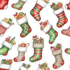 Watercolor Christmas Stockings with Gifts Seamless Pattern