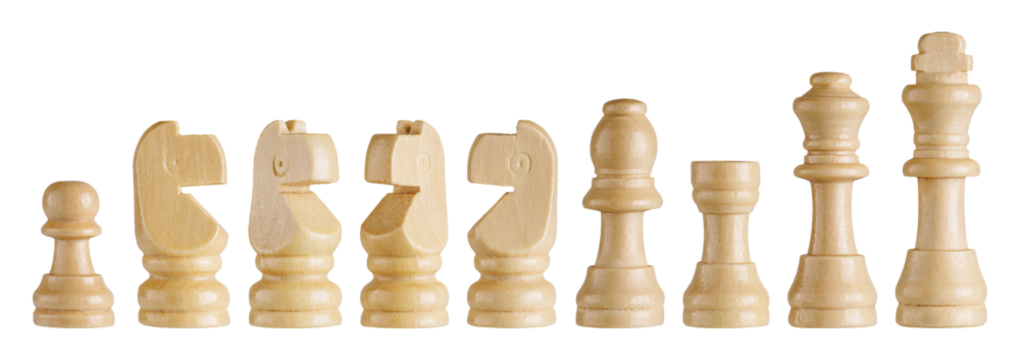 Closeup of a white wooden chess set including king, queen, bishop, knight, rook, and pawn on white backdrop. Perfect for strategy games, education, and intellectual design.