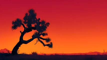 Fototapete Rund Silhouette of a joshua tree against a vibrant orange and red sunset sky in a desert landscape © prasad