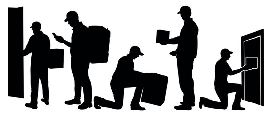 Vector art of silhouetted delivery workers, isolated on white background, efficiently navigate deliveries, showcasing various stages of package handling and contactless dropoffs