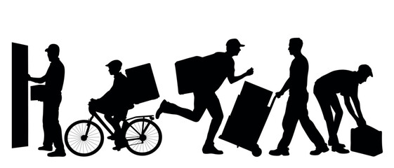 Vector art of a series of black silhouettes depicts delivery workers in motion, isolated on white background, showcasing various delivery methods including bicycle, handcart, and carrying packages