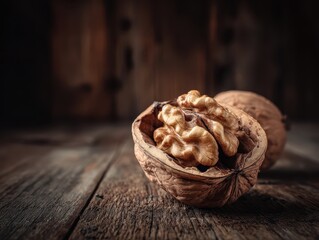Fototapeta premium Close-up of a walnut in a cracked on a rustic wooden surface with a dark wooden background