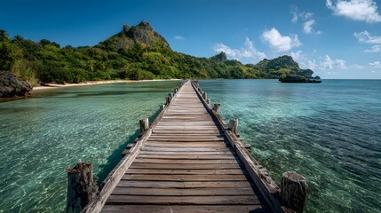 Fototapeta premium Scenic Wooden Bridge Over Tropical Lagoon Surrounded by Limestone Hills. Generative AI 