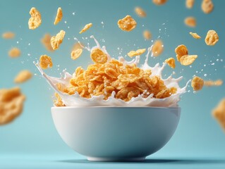 Fresh crunchy breakfast cereal falling into a bowl with milk creating splash and motion on vibrant blue background