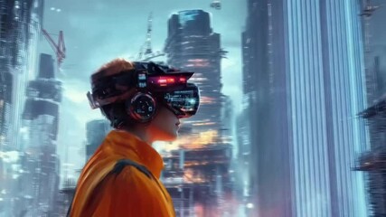 a figure dressed in an orange outfit wears an intricate, high-tech virtual reality headset adorned with various devices, with towering skyscrapers stretching in the background