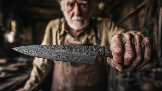 An elderly man in a dimly lit workshop solemnly admires a damascus knife he holds up, the patterned blade catching light as he reflects in silence on years of craftsmanship.