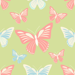 Whimsical pattern of colorful butterflies in pink and blue on a soft green background