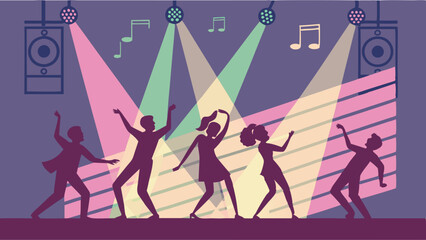 Silhouettes of people dancing at a disco club party with colorful spotlights. Energetic music event and fun celebration.