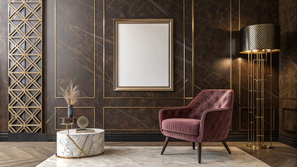 Elegant Interior with Purple Chair Marble Table and Rich Wall Design Featuring a Blank Poster Frame for Creative Inspiration