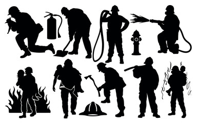 Vector art of a dramatic series of black and white vector silhouettes depicts firefighters bravely battling a blaze, rescuing civilians, and performing various tasks isolated on white background