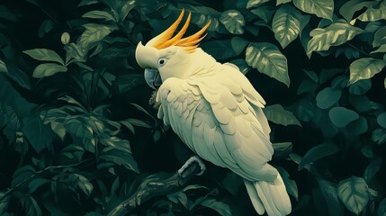 Sulphur-crested cockatoo perched on a branch amidst lush green foliage.