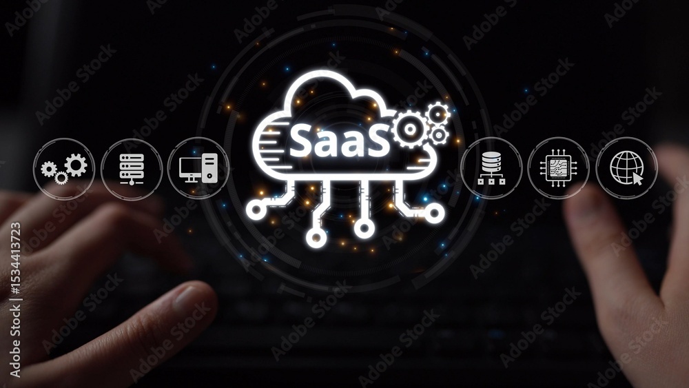 Poster visual representation of saas showing infrastructure, saas deployment, saas platform features, and s